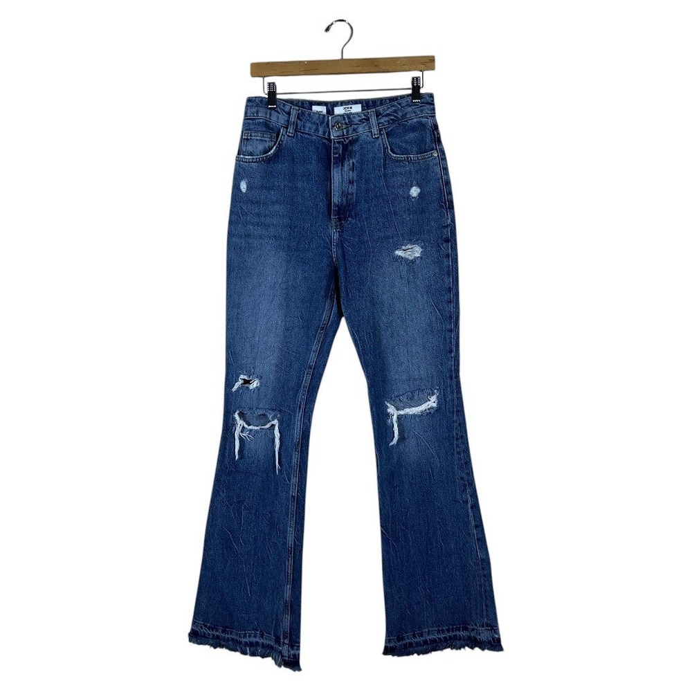 Bershka Flare Distressed Ripped Denim Jeans Blue Y2K Raw Hem High Rise Size 6